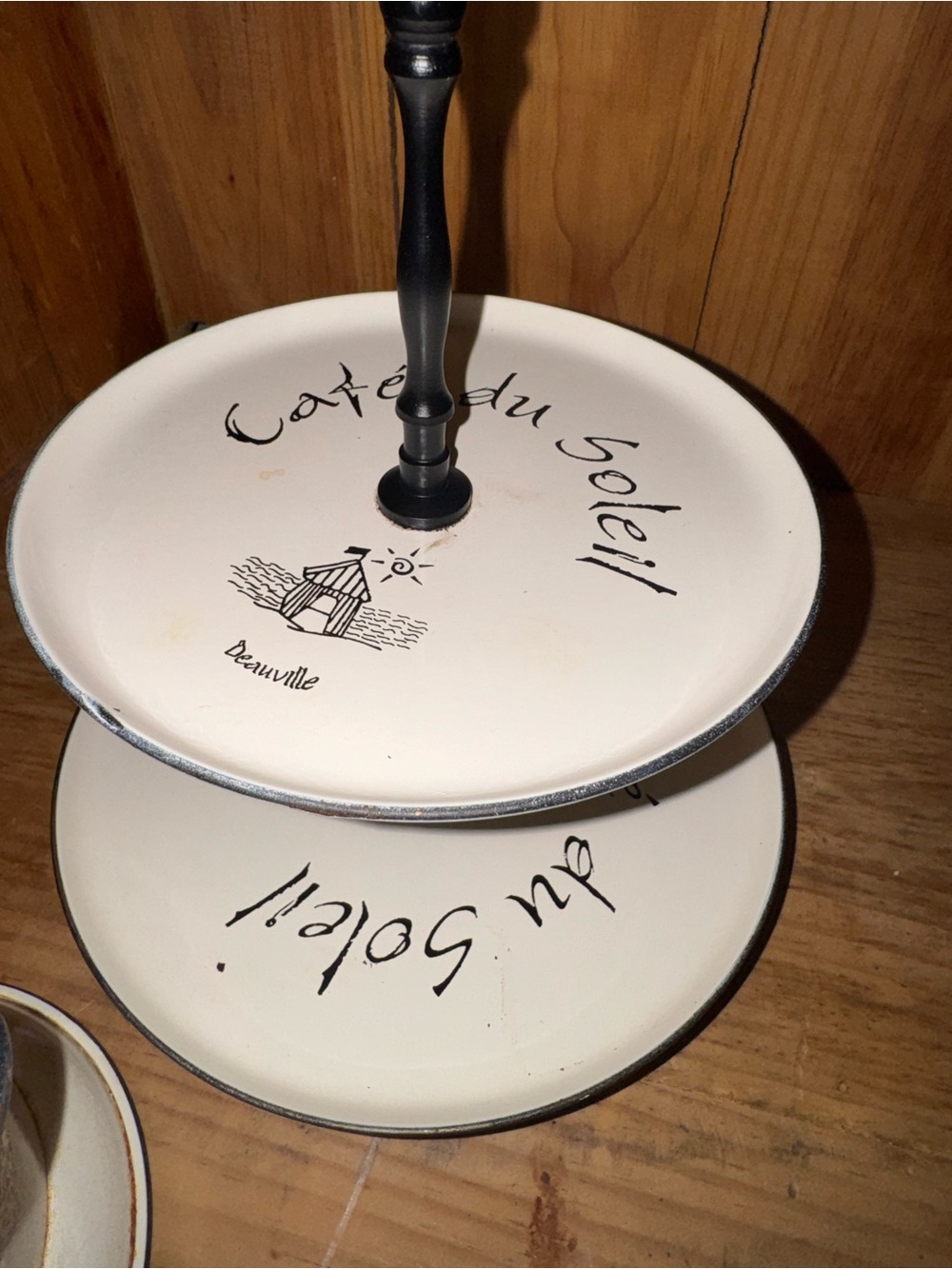Two-Tier White Ceramic Dessert Stand with Black Metal Handle